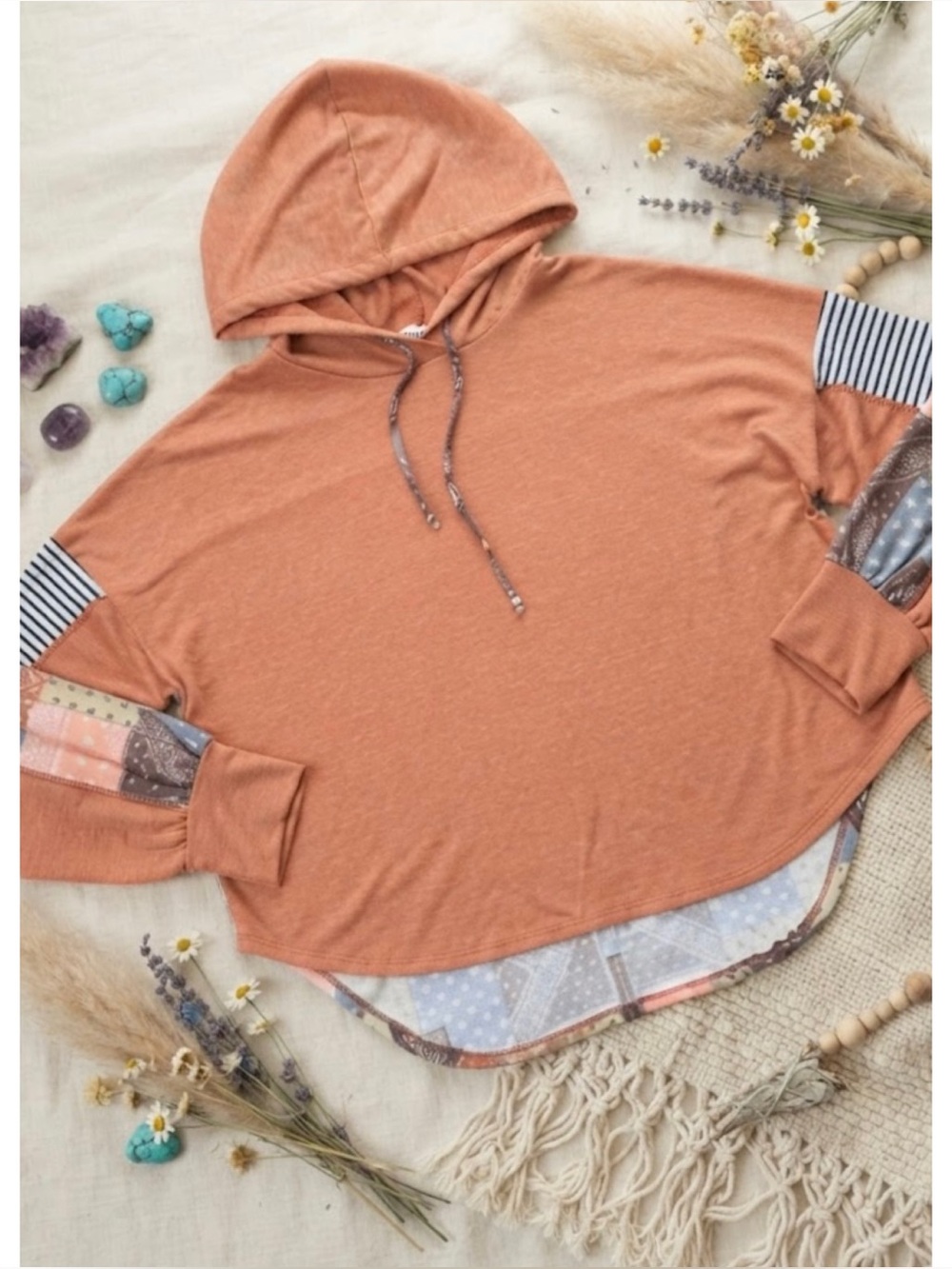 Haptics Patchwork Hi-Low Boho Pullover Hoodie